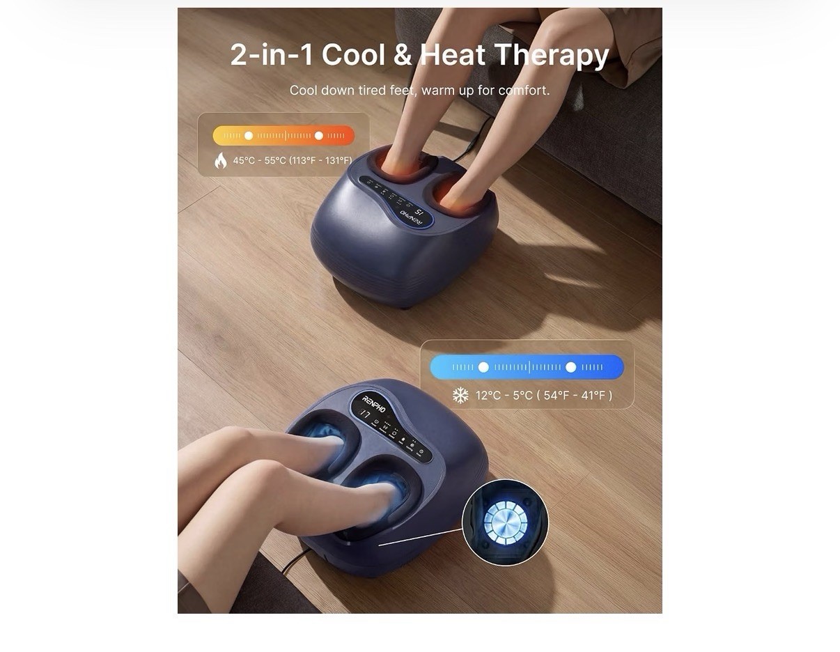 RENPHO Foot Massager Heated Cooling Kneading Air Compression Remote Blue Size 13