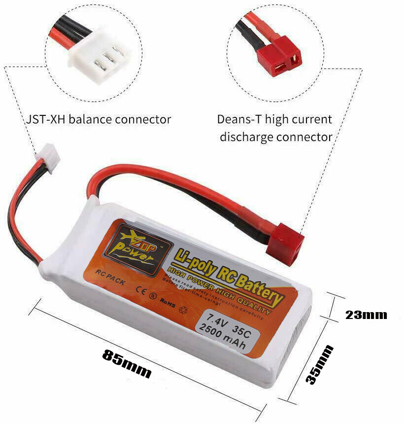 2S 2500mAh 7.4V 35C LiPo Battery T Plug Deans Connector for RC Car Airplane DIY
