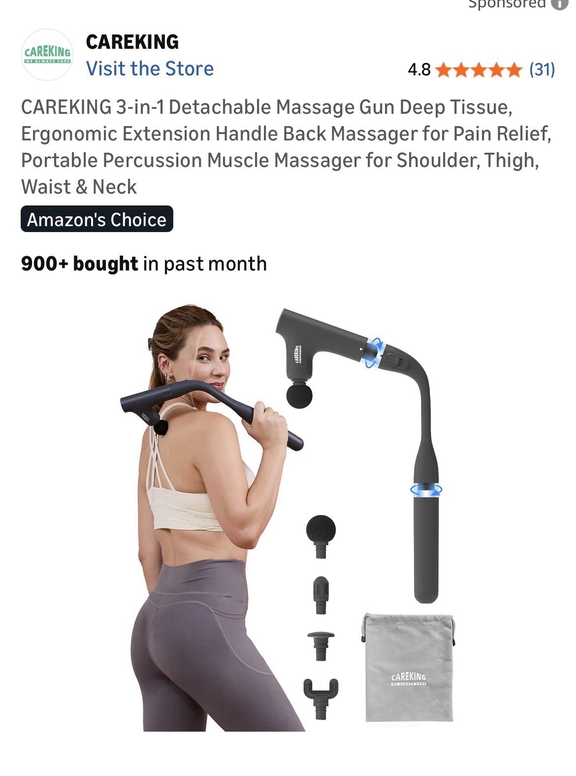 CAREKING 3-in-1 Detachable Massage Gun Deep Tissue Ergonomic Extension Handle