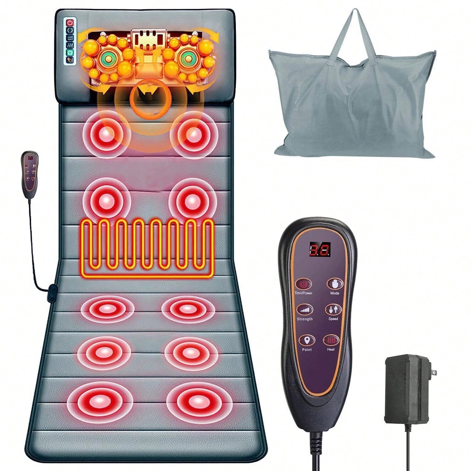 Portable Full Body Massage Mat with Heat 10 Vibration Points Grey