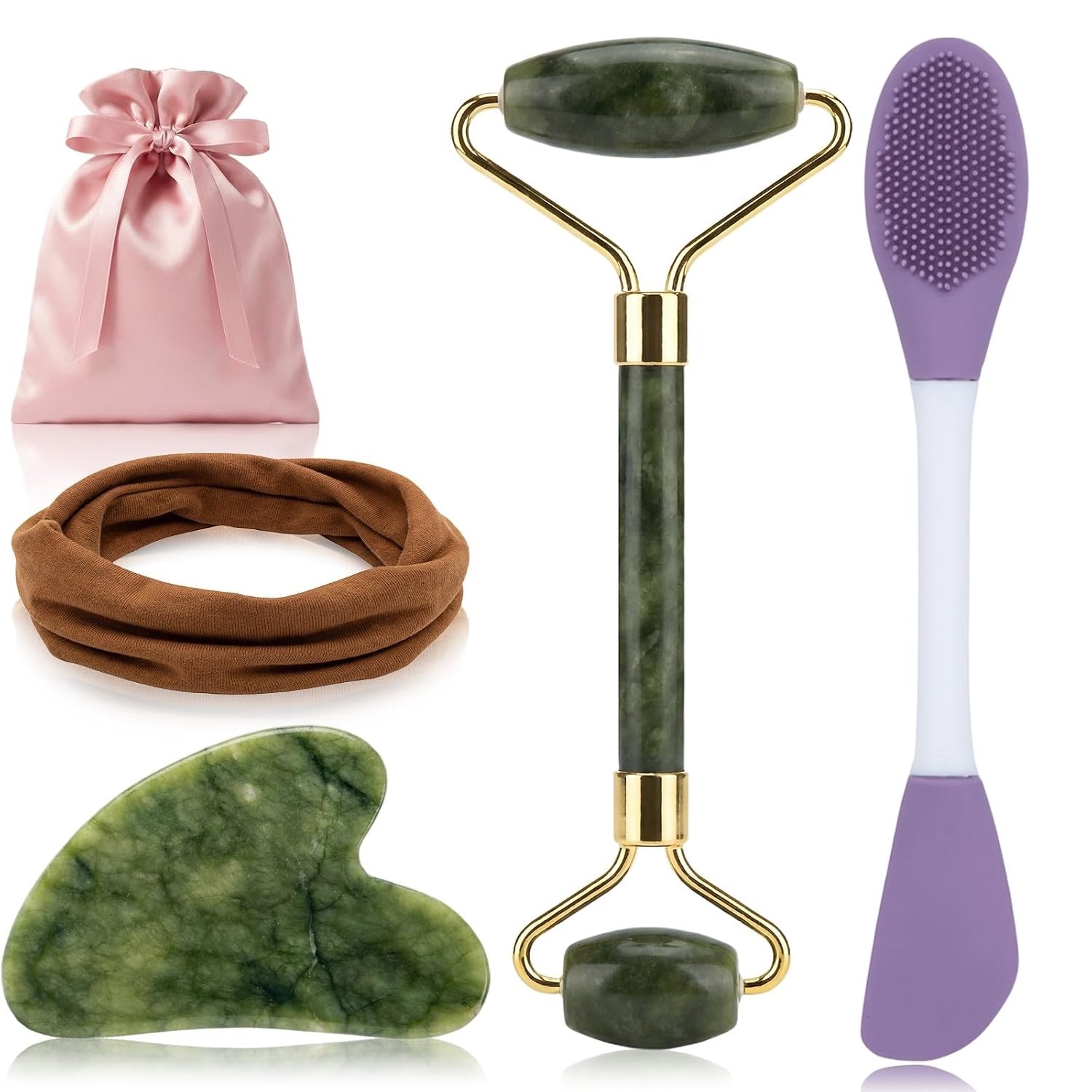 5PCS Face Roller & Gua Sha Facial Tools, Face Massage for Wrinkle Reduction & Pu