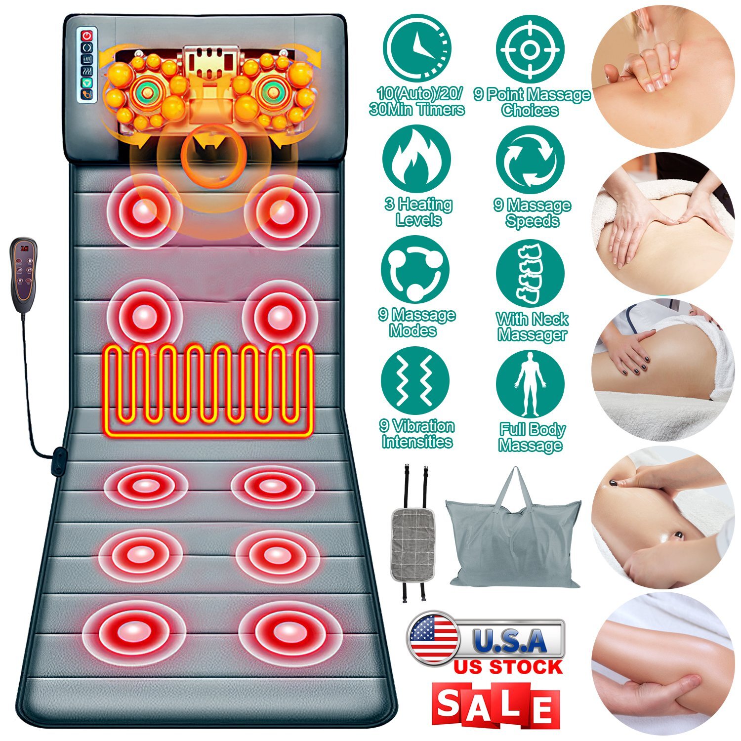 Full Body Massage Pad with Electric Heat and Vibration -Cushion with 10 Motors