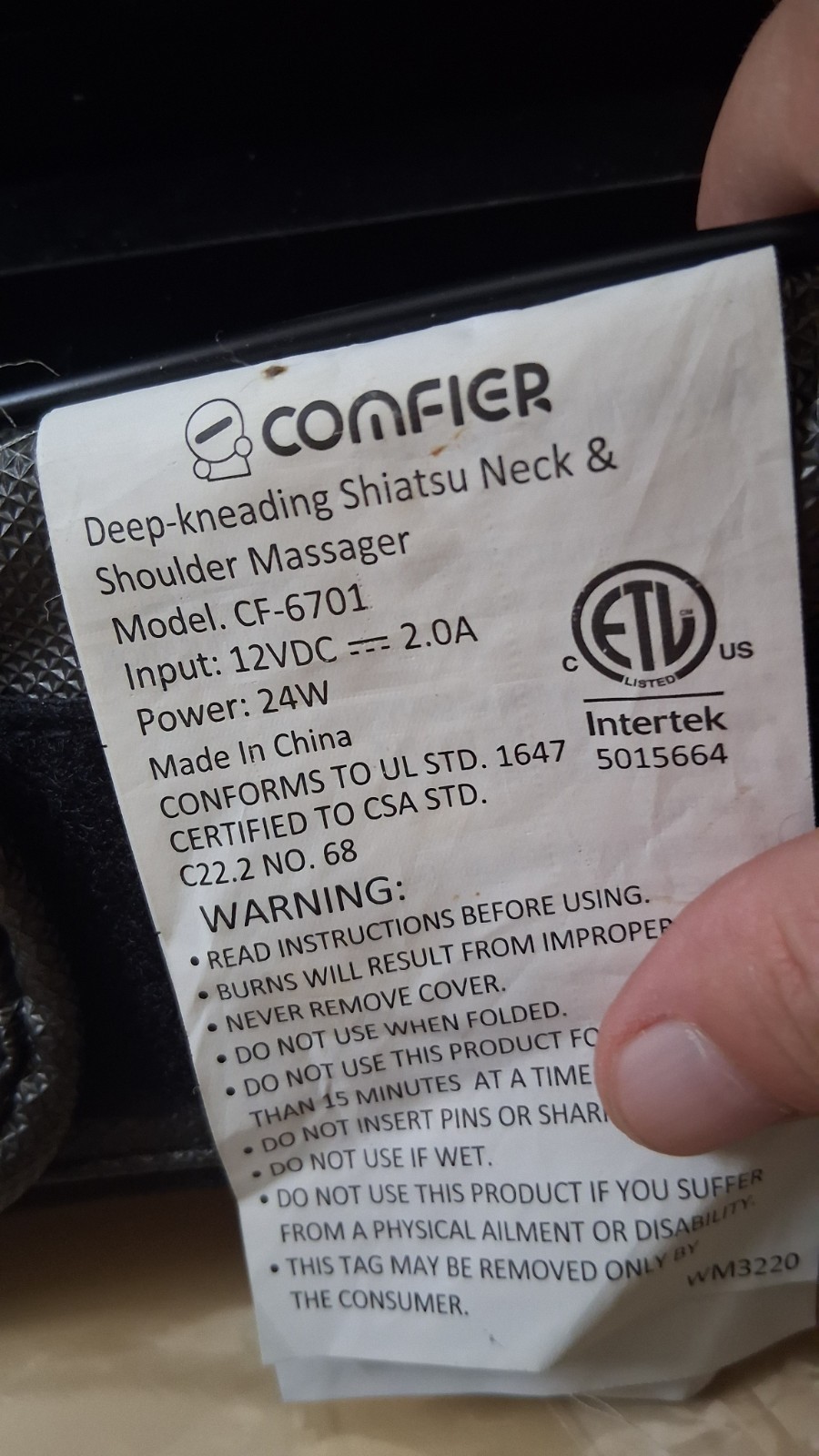 Comfier Deep-Kneading Shiatsu Neck & Shoulder Massager CF-6701 Heated 12VDC