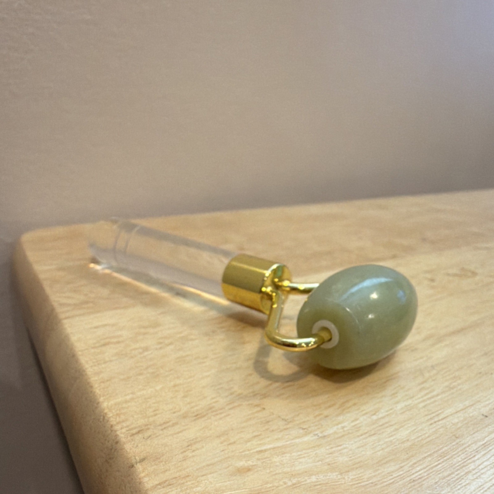 Clear & Green Jade Face Massage Roller, Manual Handheld, Gold Metal Handle