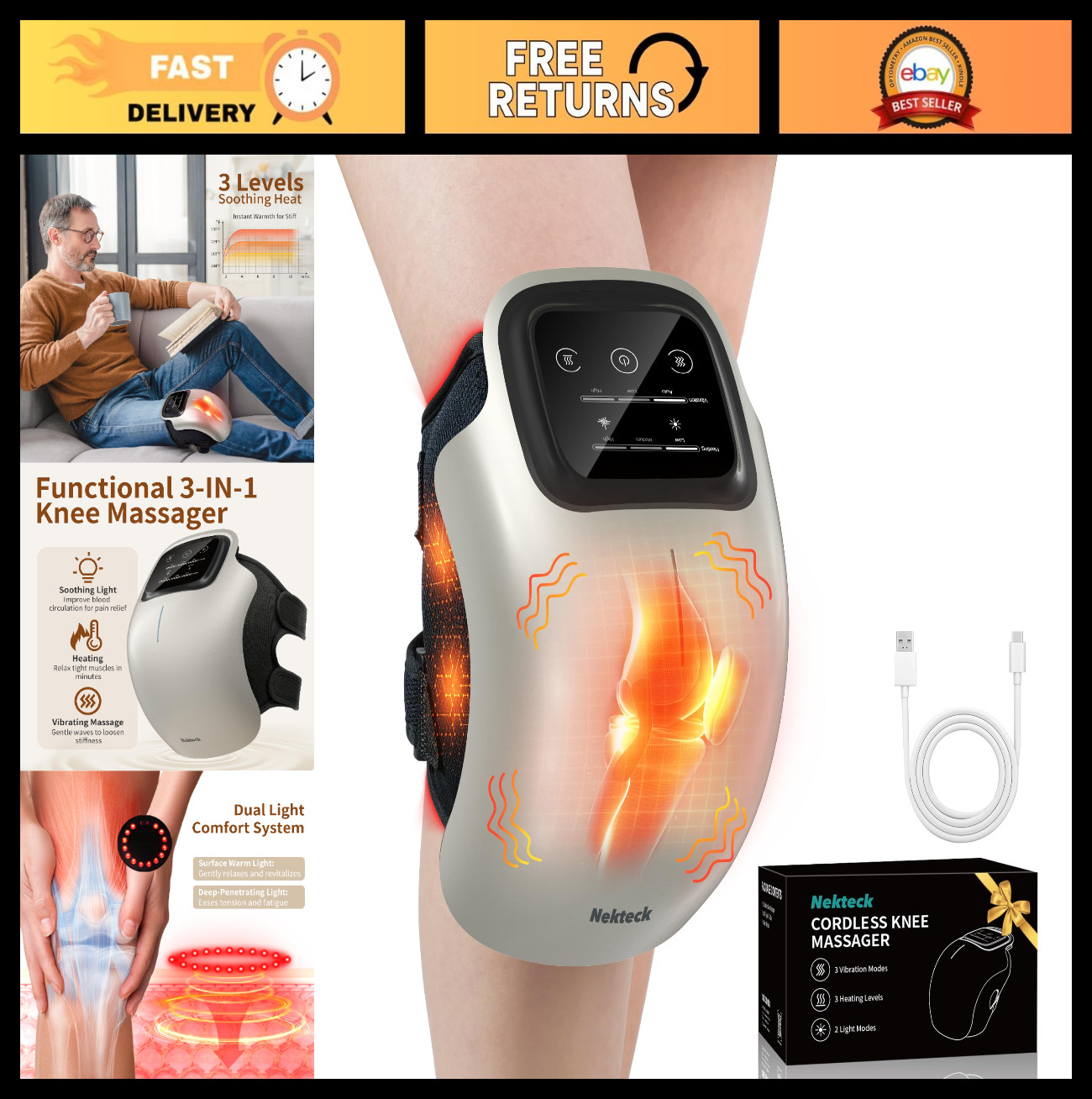 Cordless Knee Massager for Pain Relief, 3 Heat Levels & Vibration, FSA Eligible