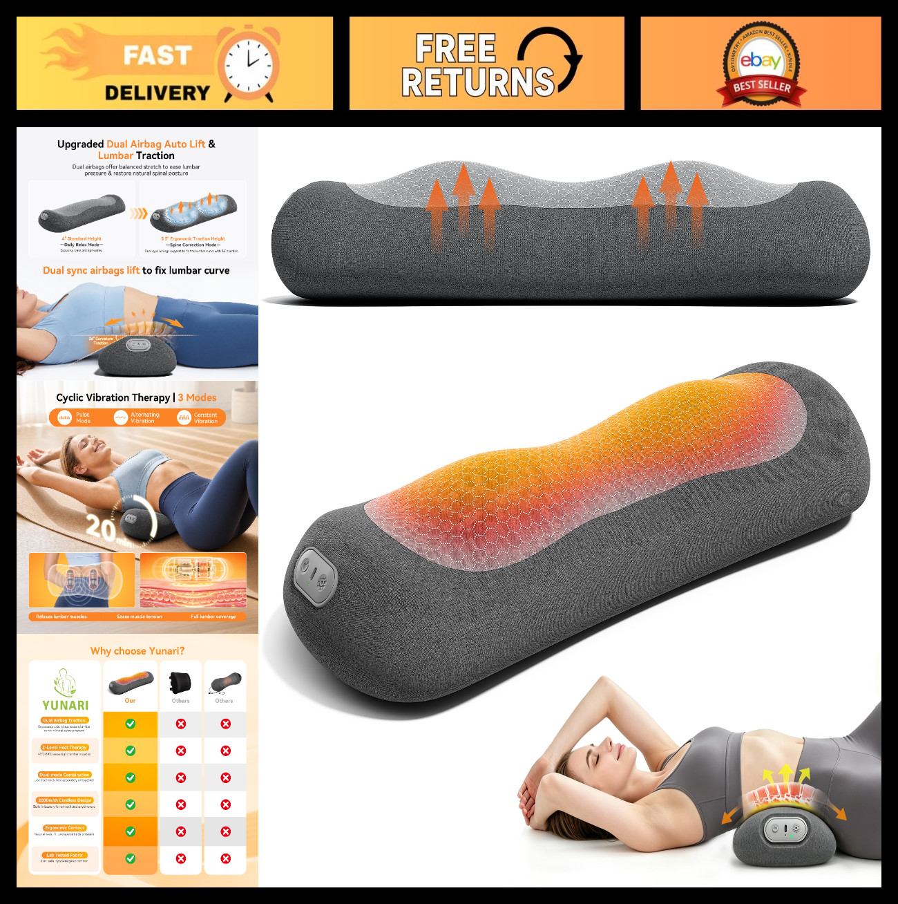 Upgraded Cordless Back Massager with Heat & Vibration, Lumbar Support Pillow, Ai