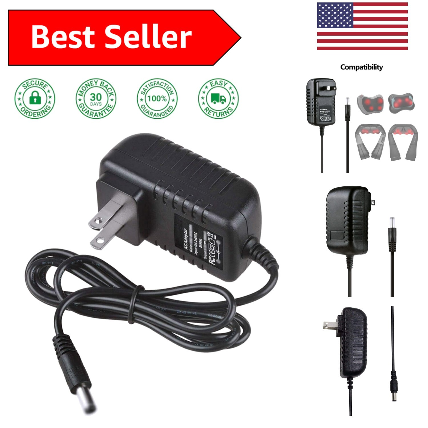 12V Shiatsu Massager Power Cord – Fast Charging Compatibility for Zyllion & More