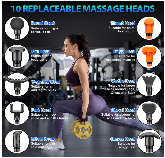 Deep Tissue Massage Gun with 10 Heads, Percussion Electric Muscle Massager, NEW