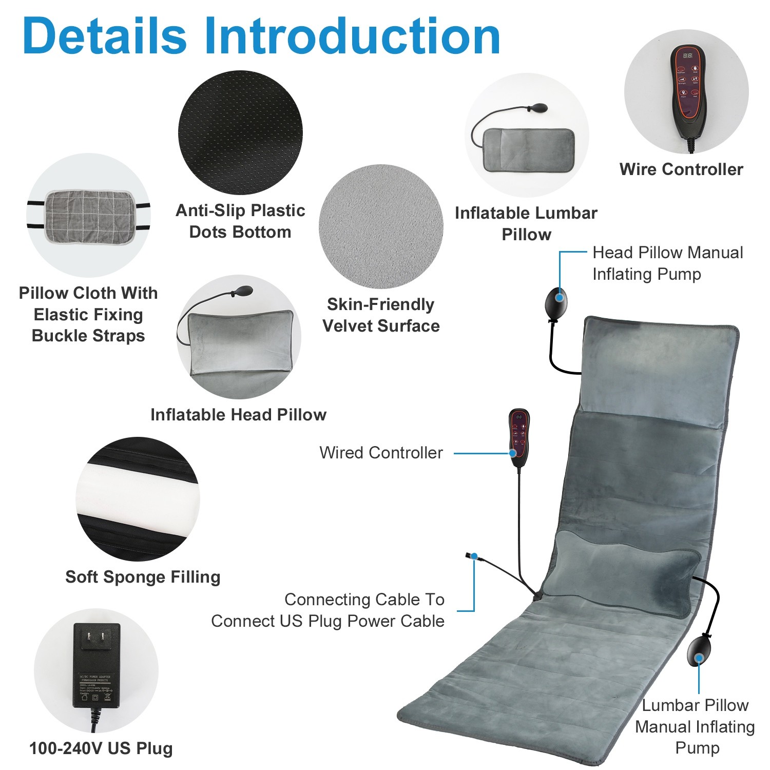 Full Body Electric Massage Mat W/ Heat &Vibration Features Soft Cushion Material