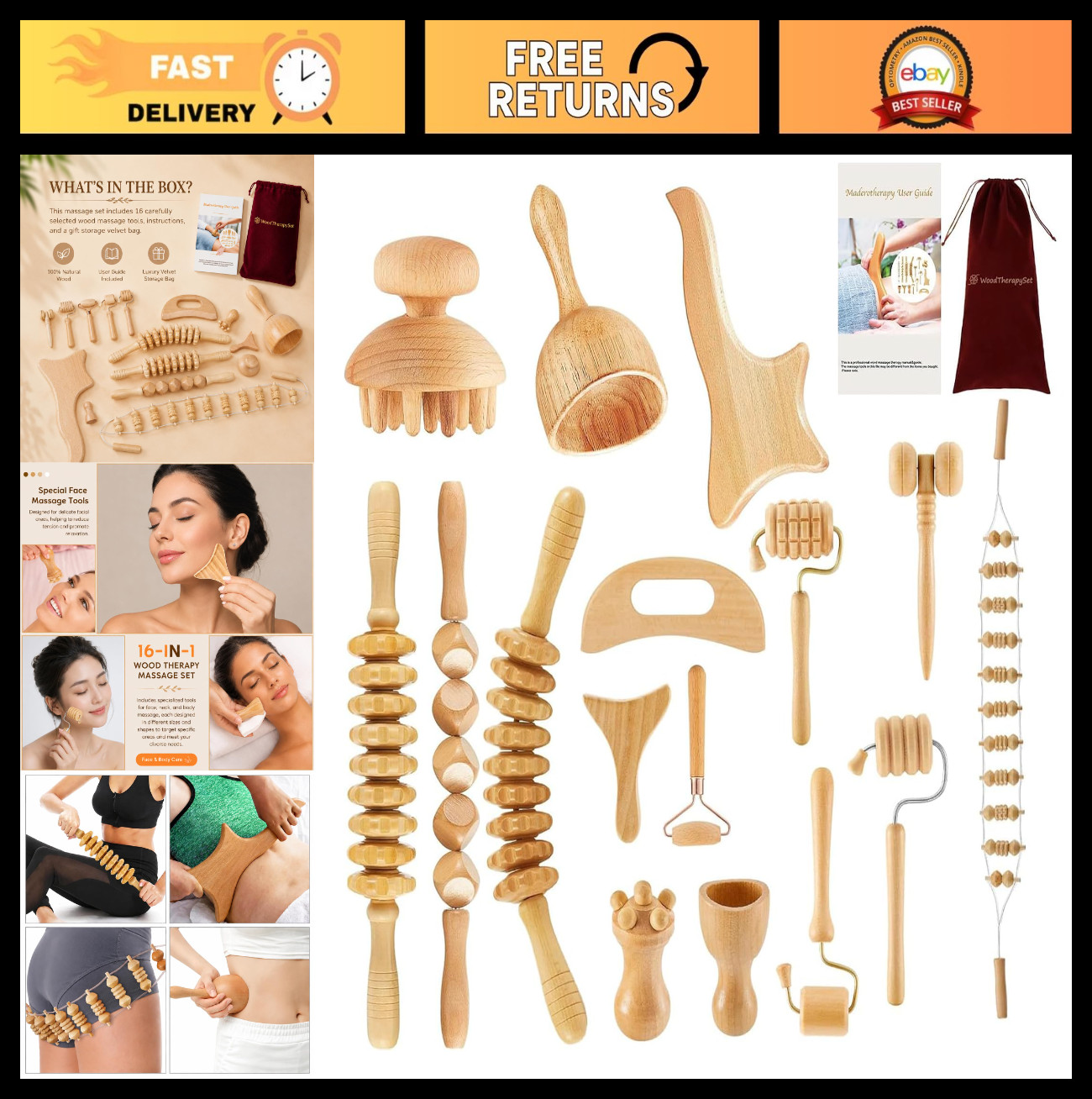16Pcs Wood Therapy Massage Tools Set, Gua Sha & Body Sculpting Kit, Lymphatic Dr
