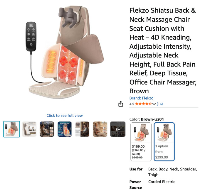 Flekzo Shiatsu Back & Neck Massage Chair Seat Cushion w/ Heat – 4D Kneading-USED