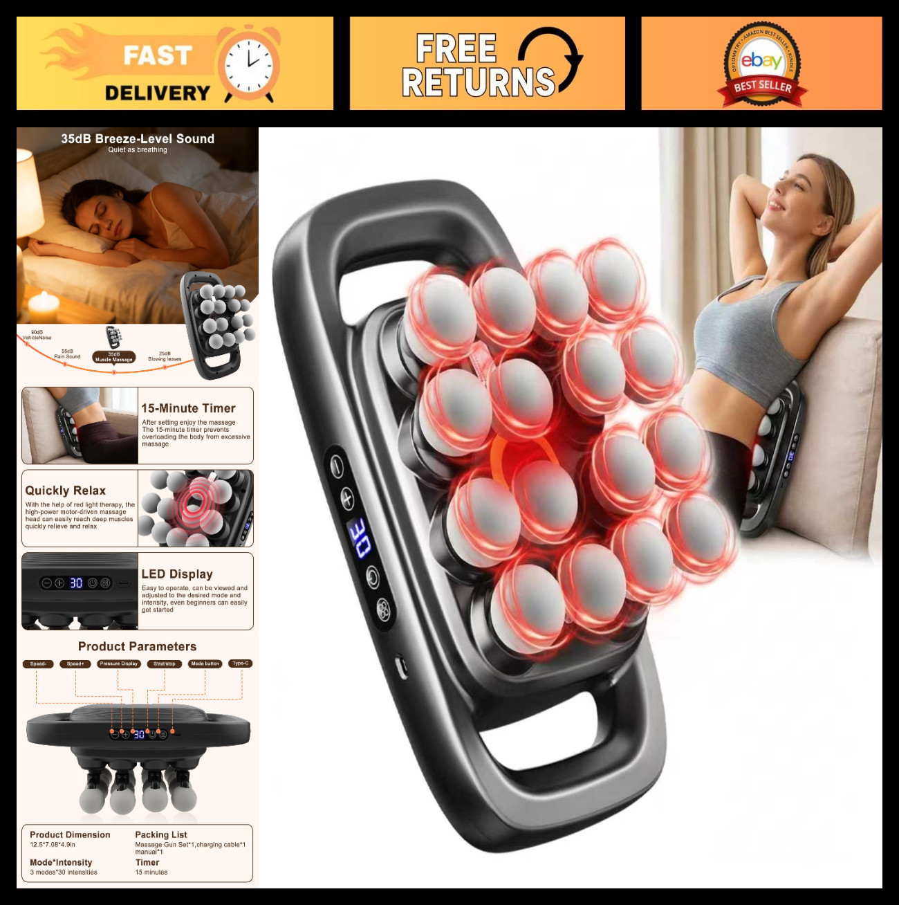 16 Head Deep Tissue Massage Gun Set, Portable Handheld Massager, 3 Modes & 30 In