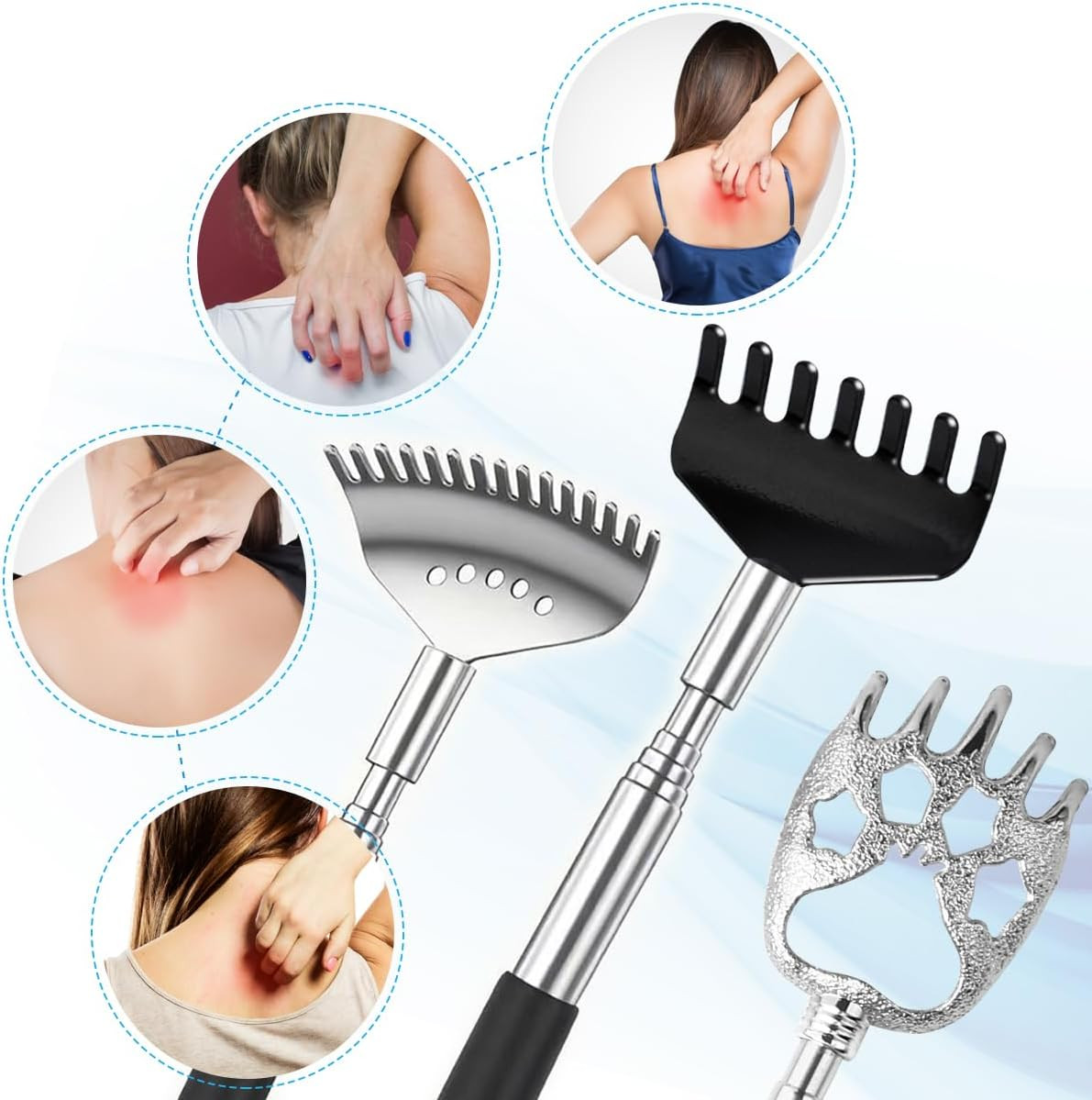 3 Pack Different Back Scratcher Metal Portable Telescoping with Rubber Handles