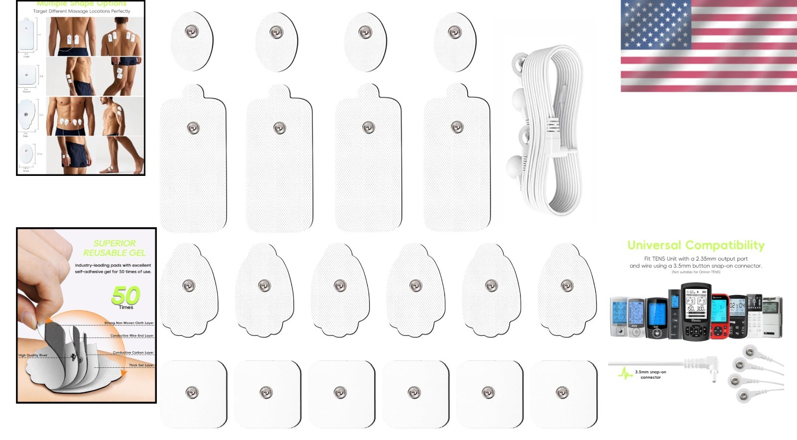 TENS Unit Pads 20PC Reusable Hydrogel Universal EMS Pain Relief Electrodes Wire