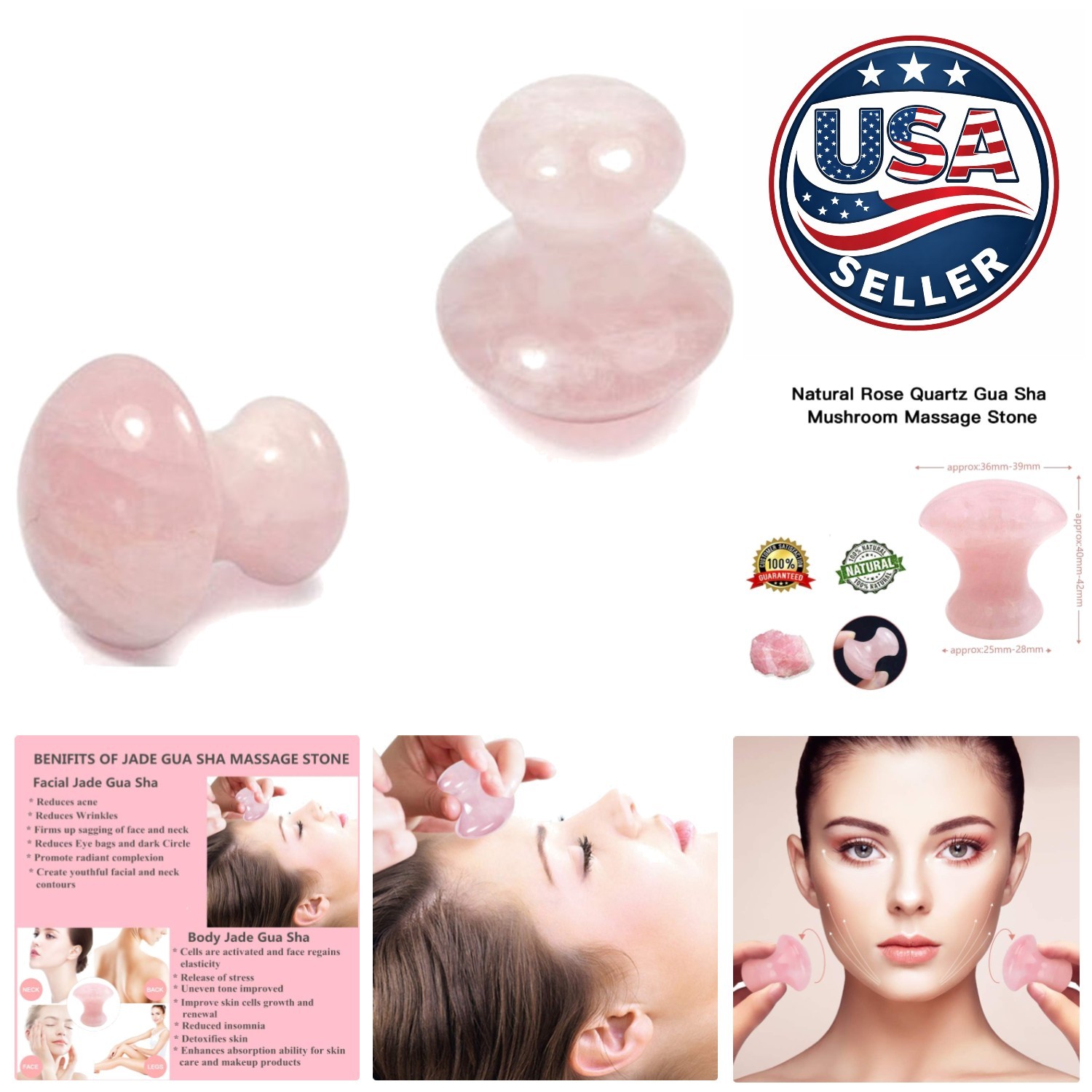 Mushroom Gua Sha Massage Tools – 2 Rose Quartz Stones for Skin & Body Care