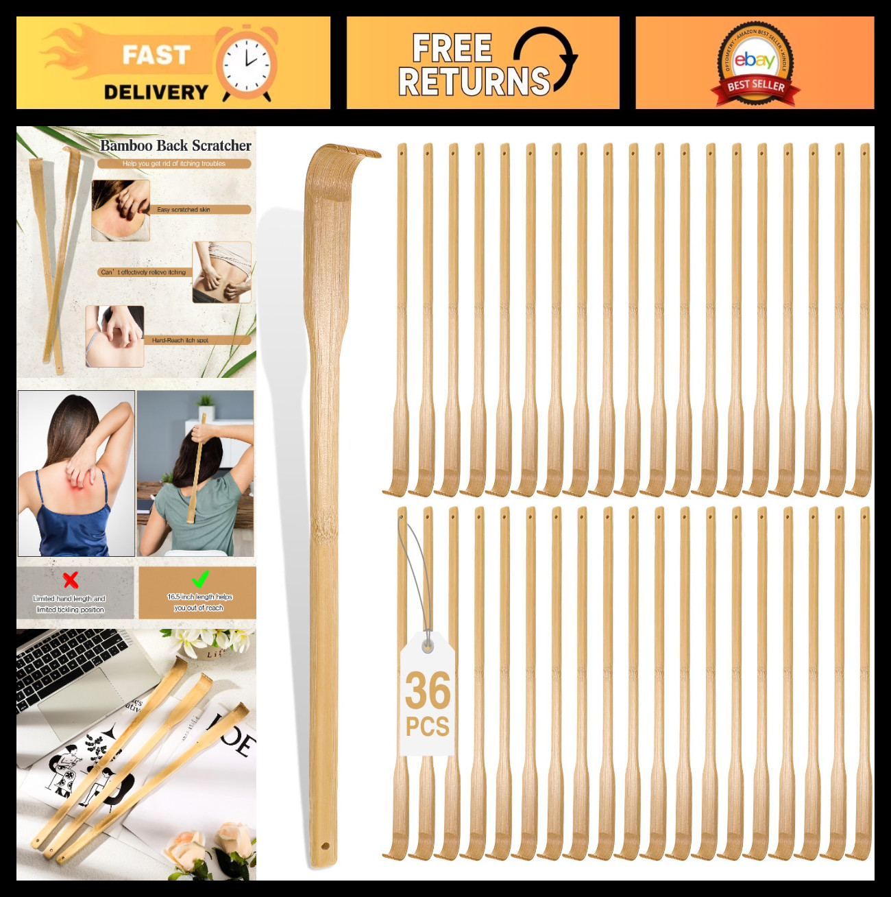 36 Pack Bamboo Back Scratchers – Manual Wooden Massager for Itching Relief & Bod