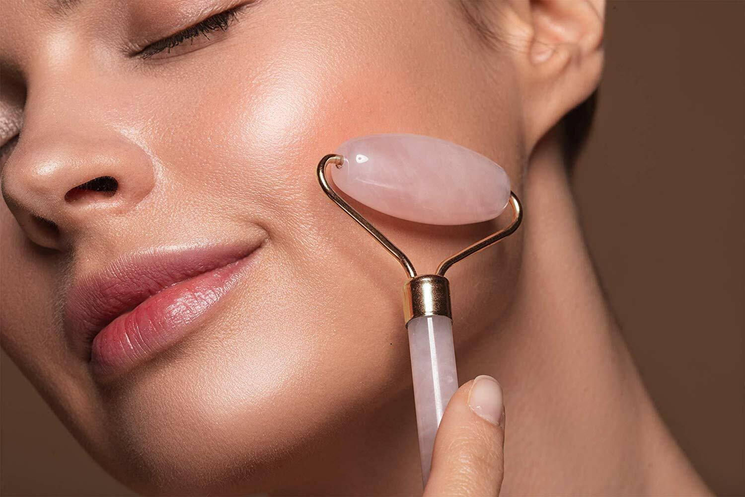 Luxe PREMIUM Rose Quartz Jade Roller for Face Massage Pink Gua Sha Facial Roller