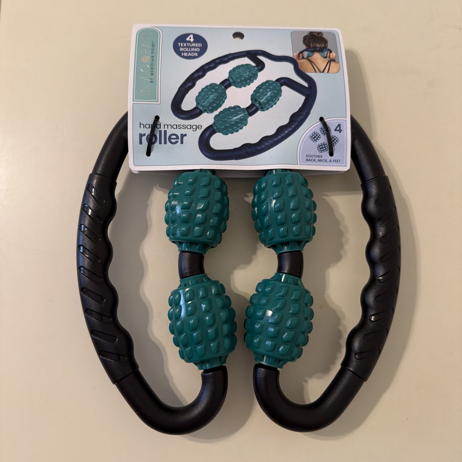 Invigorate Hand Massage Roller 4 Textured Heads Black & Green for Back Neck Feet