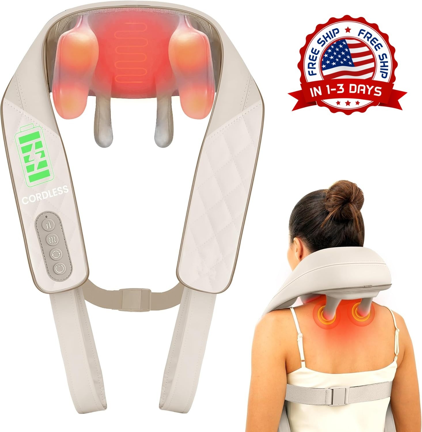 Masajeador de cuello inalámbrico con calor, almohada Shiatsu para la espalda NEW