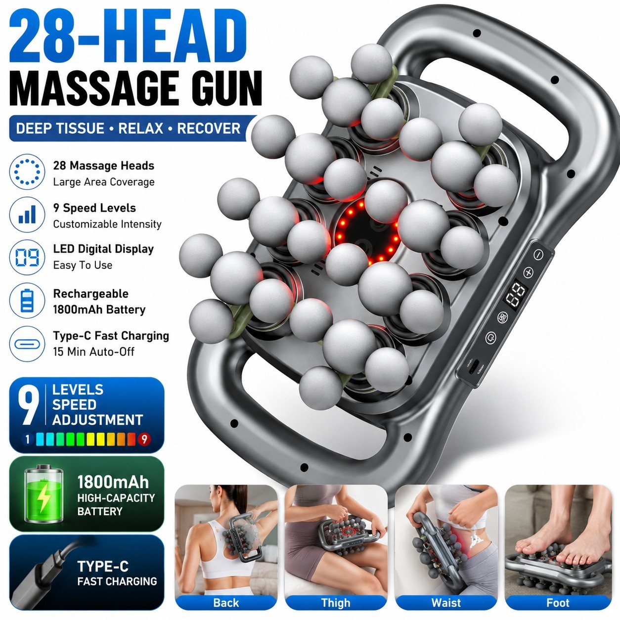28-Head Deep Tissue Massage Gun 9-Speed Electric Body Massager Rechargeable
