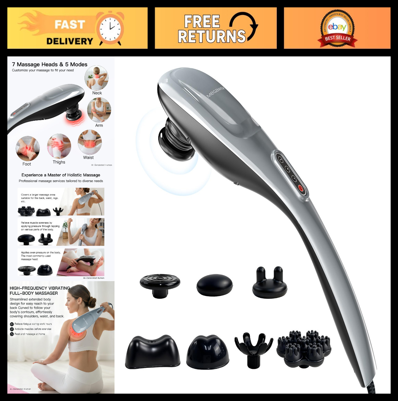 Deep Tissue Electric Neck & Back Massager, 3600 RPM, 5 Nodes, 5 Speeds, Heavy-Du