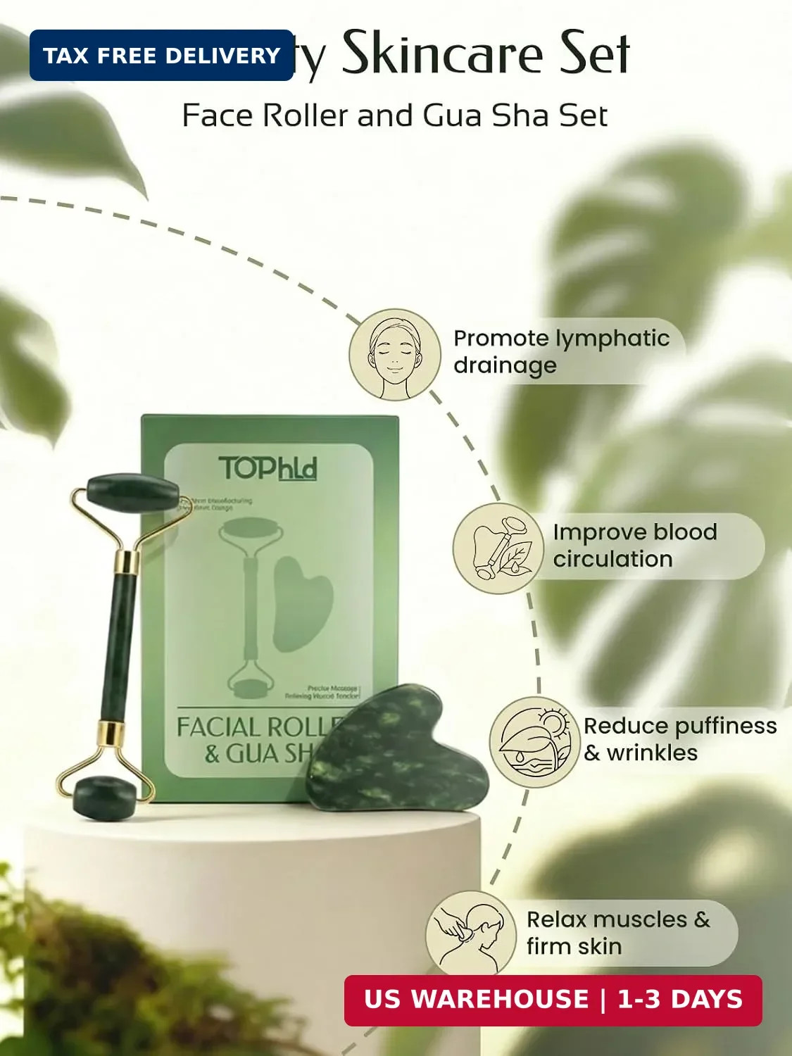 Face Roller & Gua Sha Facial Tools, Face Massager for Self Care, Jade Roller for