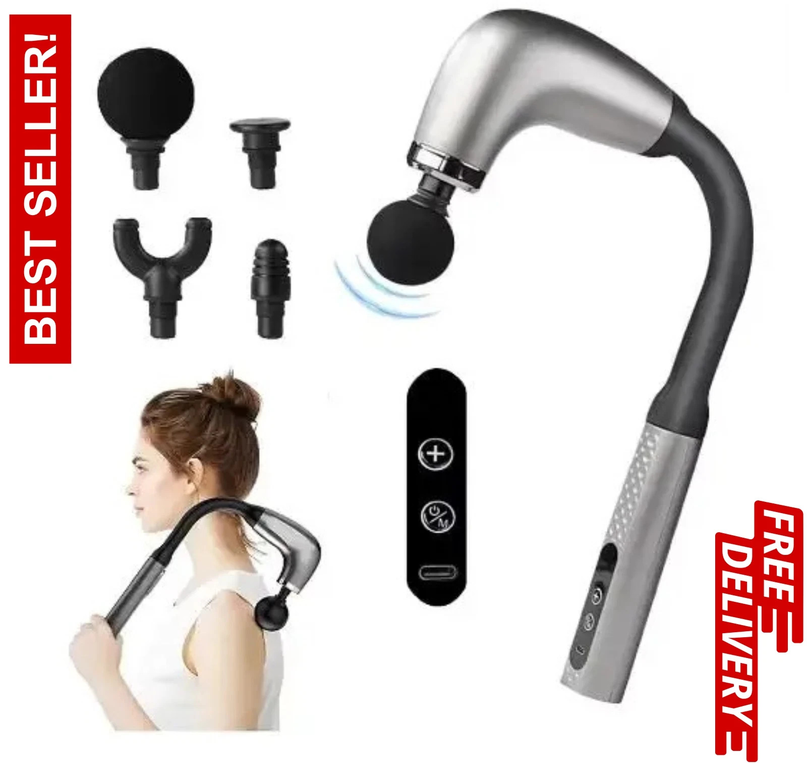 Fascia Gun Massager with Extended Handle & Elbow for Massage of the Back Muscle