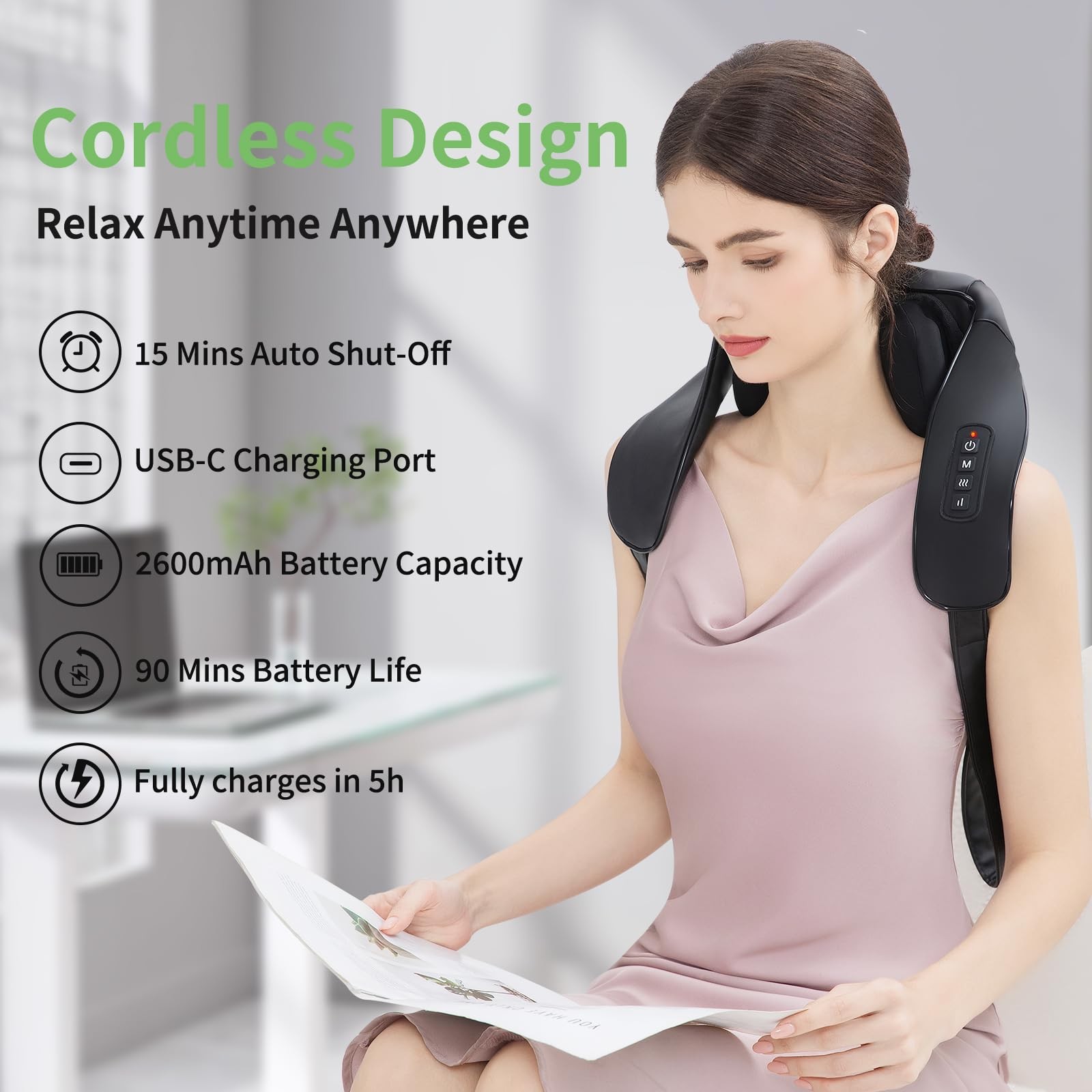 Shiatsu Neck and Back Massager with Heat, Upgraded 2600mAh Cordless Shoulder …