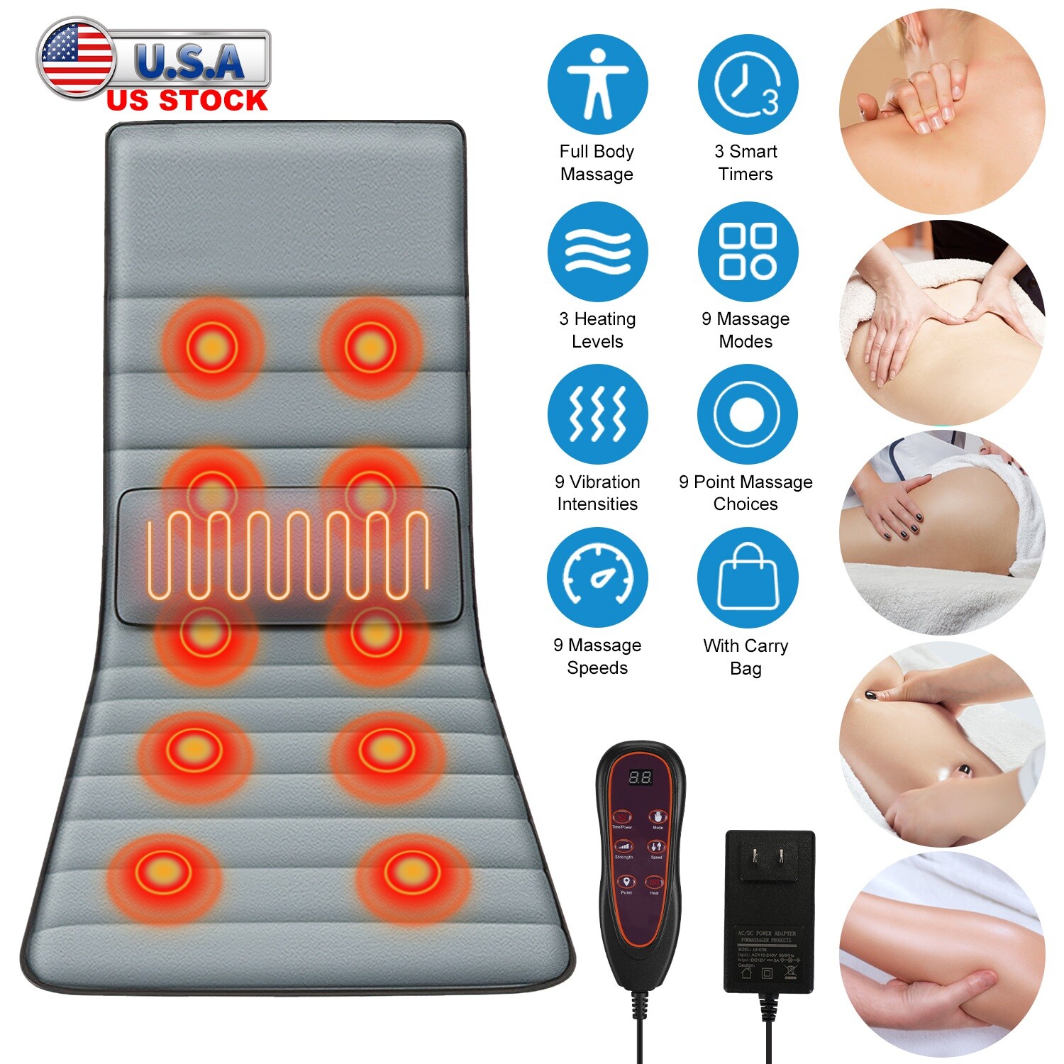 Full Body Electric Massage Mattress Pad Charcoal Relaxation Cushion w/ 10 Motor