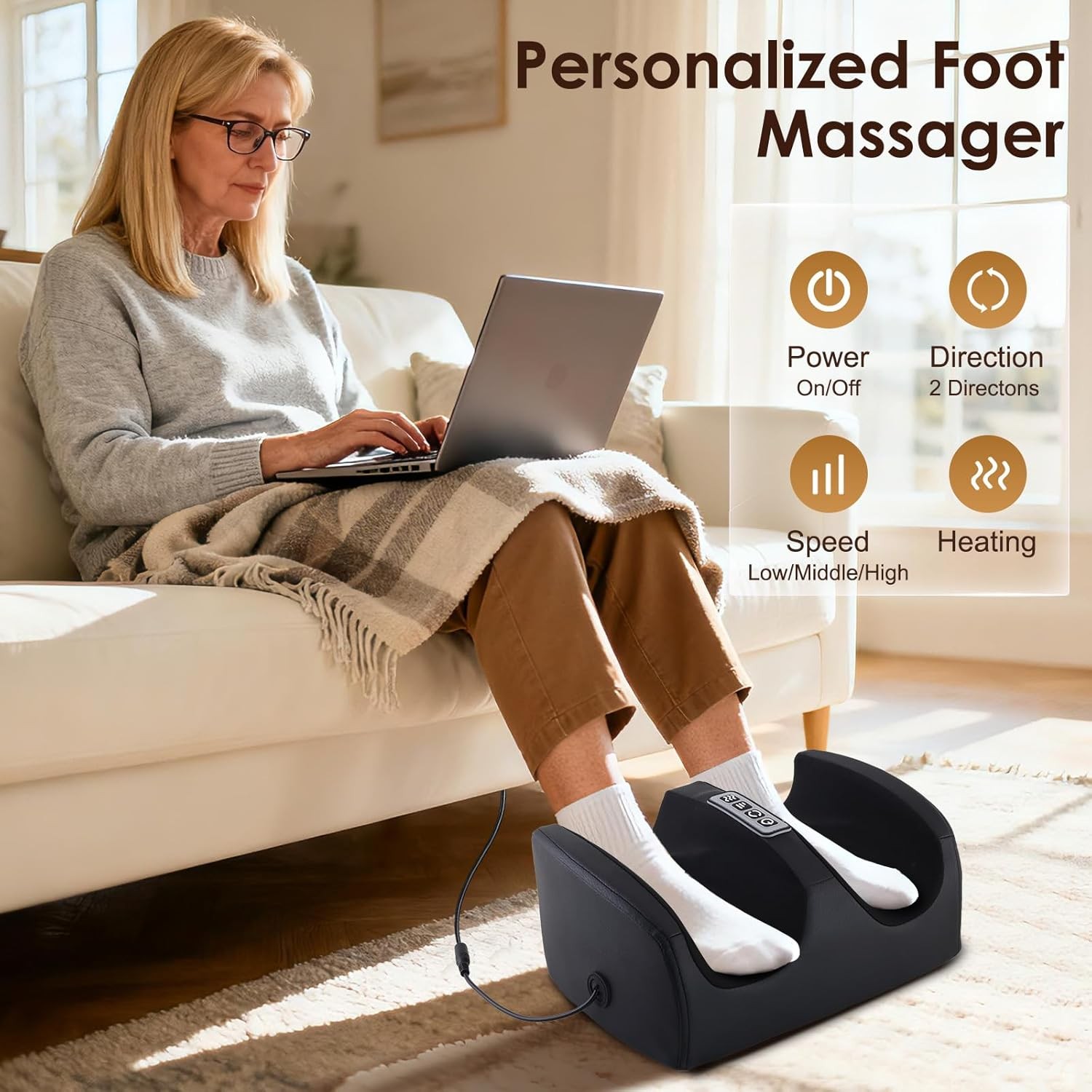 Foot Massager with Heat, Electric Foot and Calf Massager with Roller, Deep Tissu