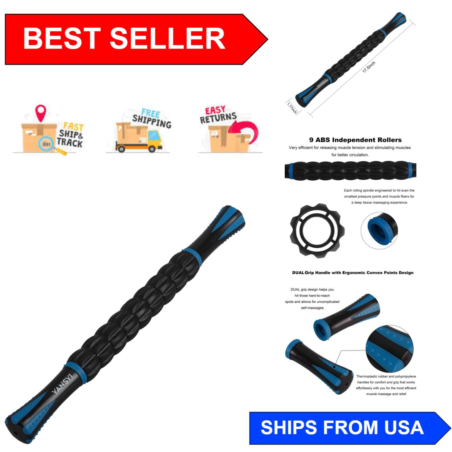 Ergonomic 9-Roller Muscle Recovery Stick – Ideal for Athletes & Sore Muscles