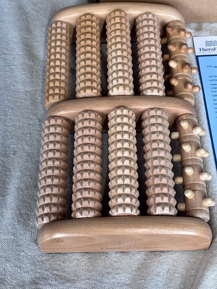 TheraFlow Large Dual Foot Massager Roller Wooden Reflexology Acupressure Chart