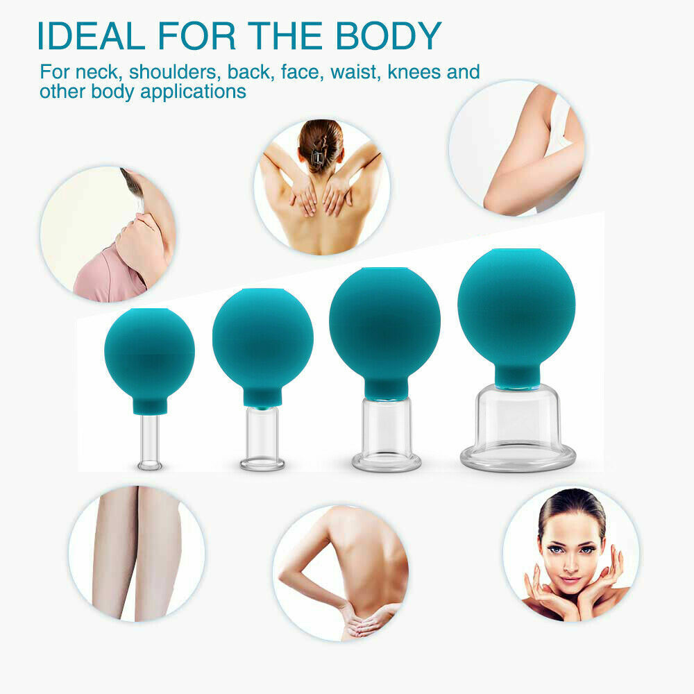 Set 4 Cups Anti-Cellulite Facial Massage Cupping Vacuum Glass Cups Silicone US