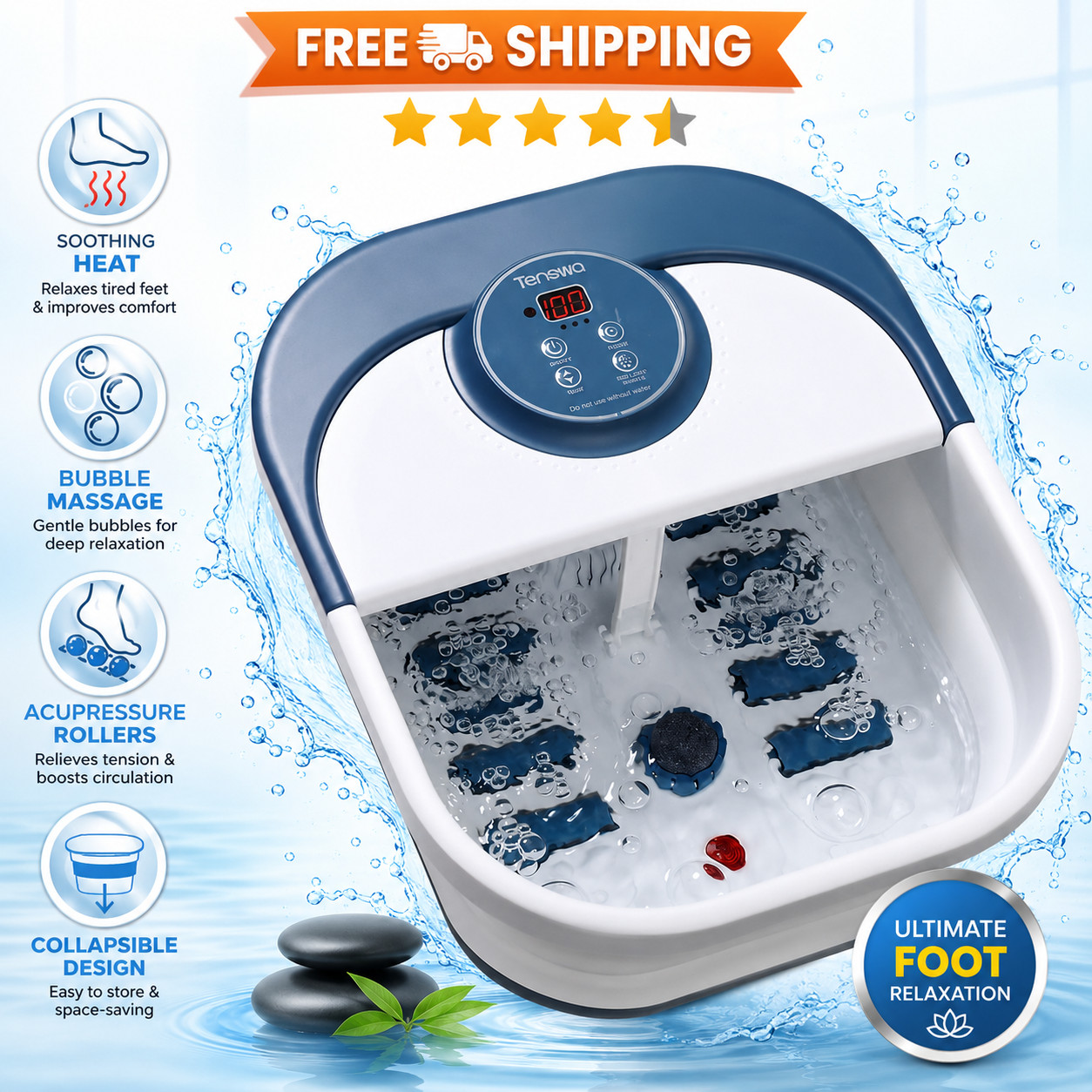 Collapsible Foot Spa Bath Massager with Heat, Bubbles, Pedicure Foot Spa with 8
