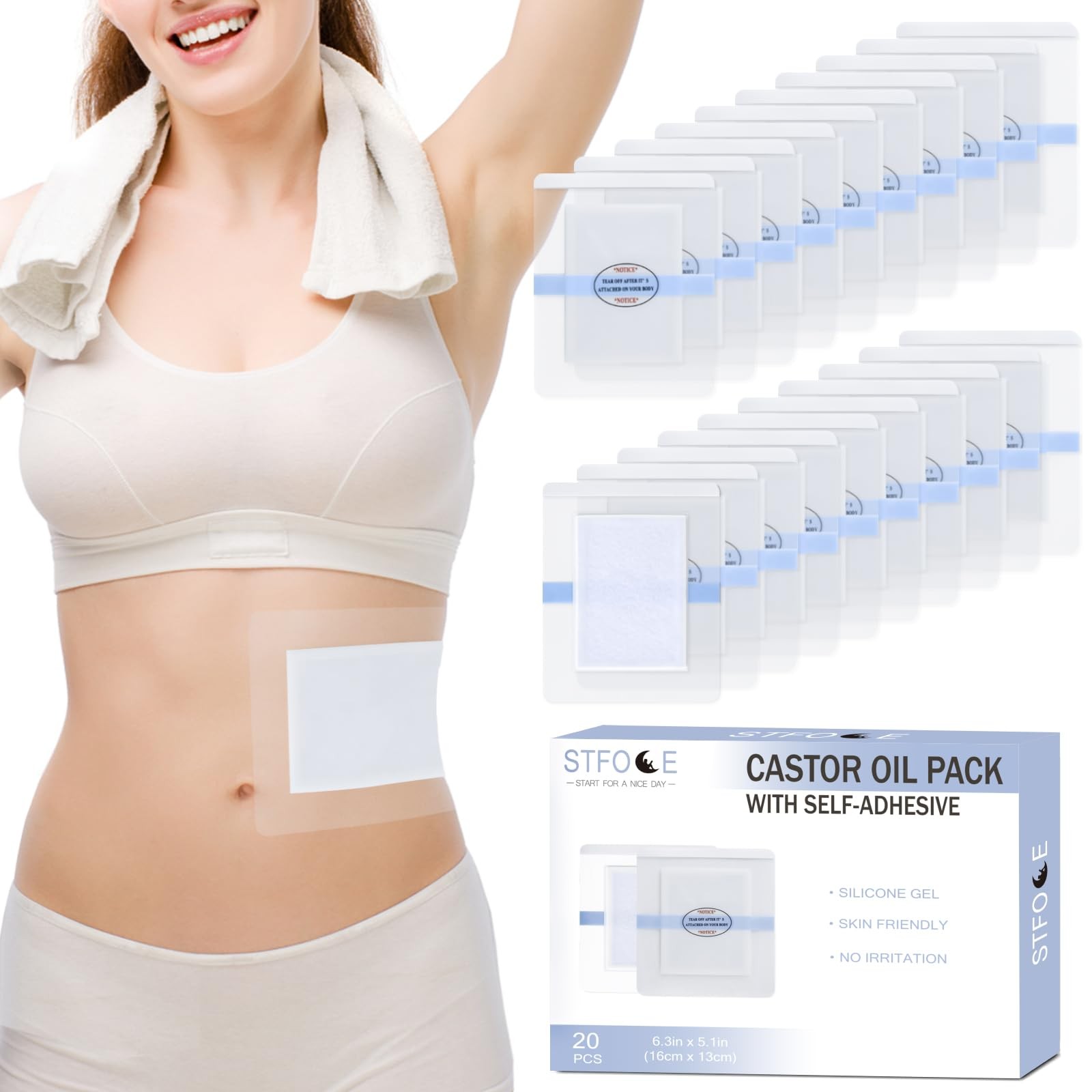 STFOCE 20pcs Castor Oil Pack Wrap, Castor Oil Patches for Abdominal Area, Sil…