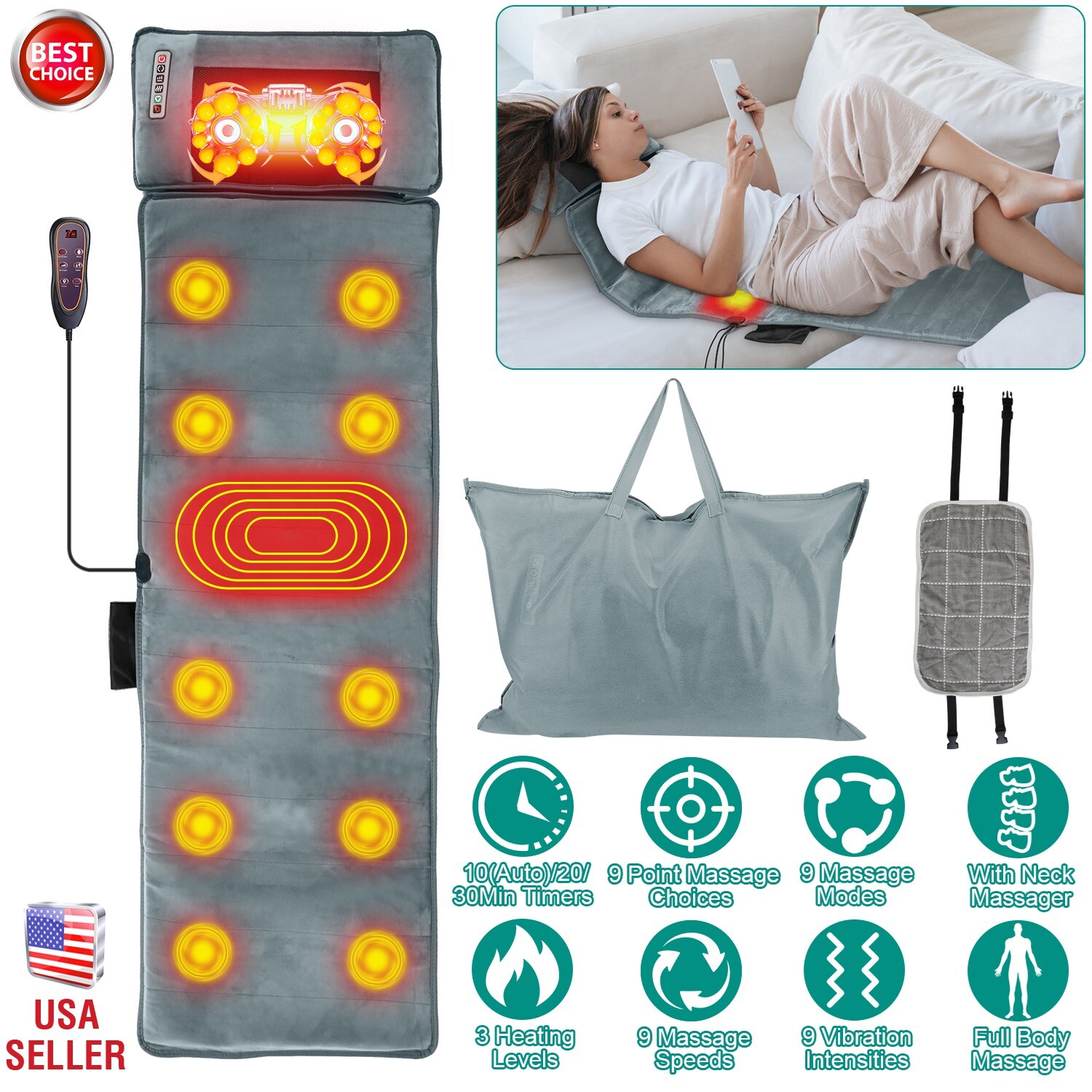Full Body Massage Pad with Electric Heat and Vibration -Cushion with 10 Motors