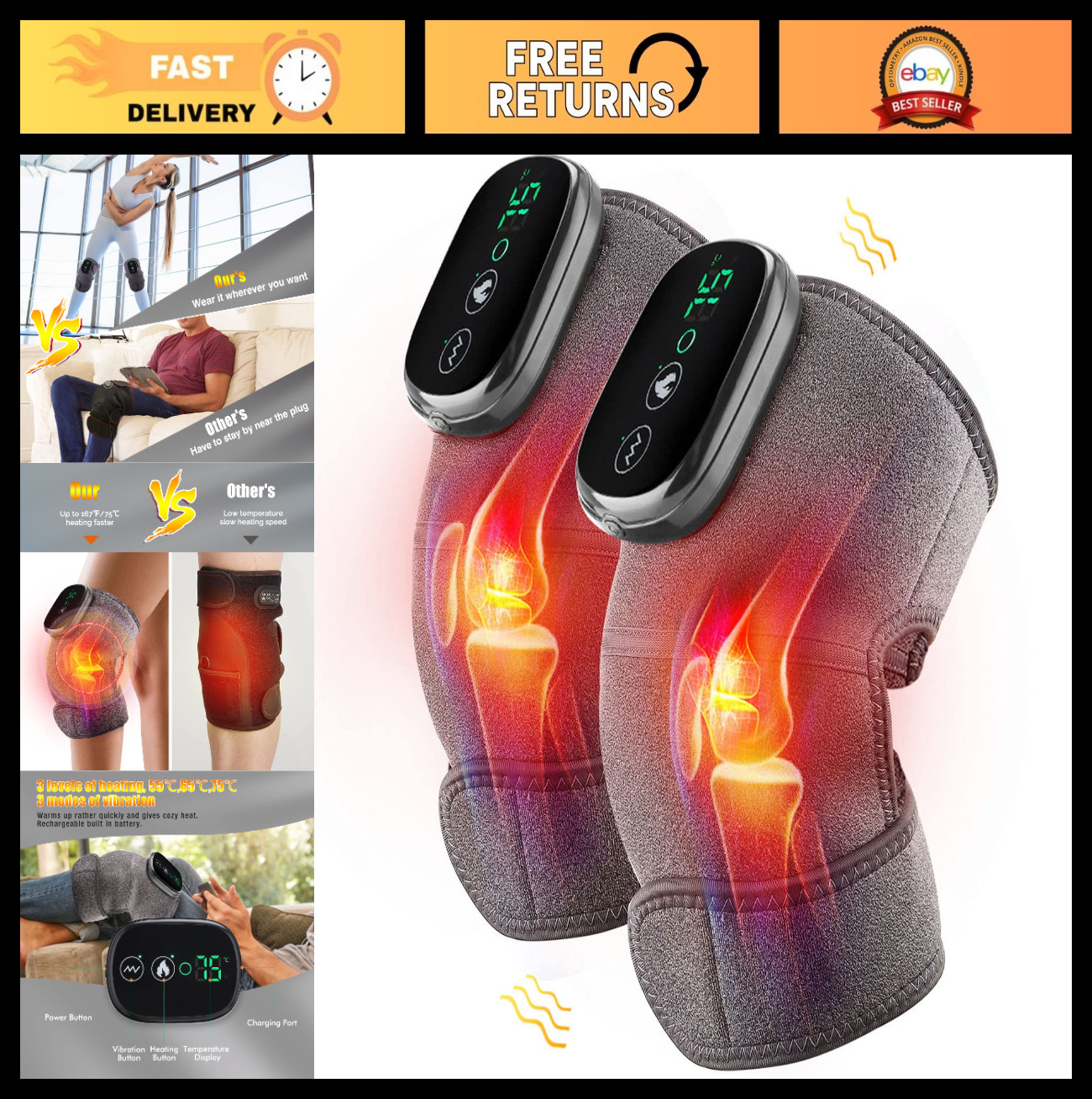 3-in-1 Heated Knee Massager & Shoulder Heating Pad, Cordless Vibration Wrap, 2 P