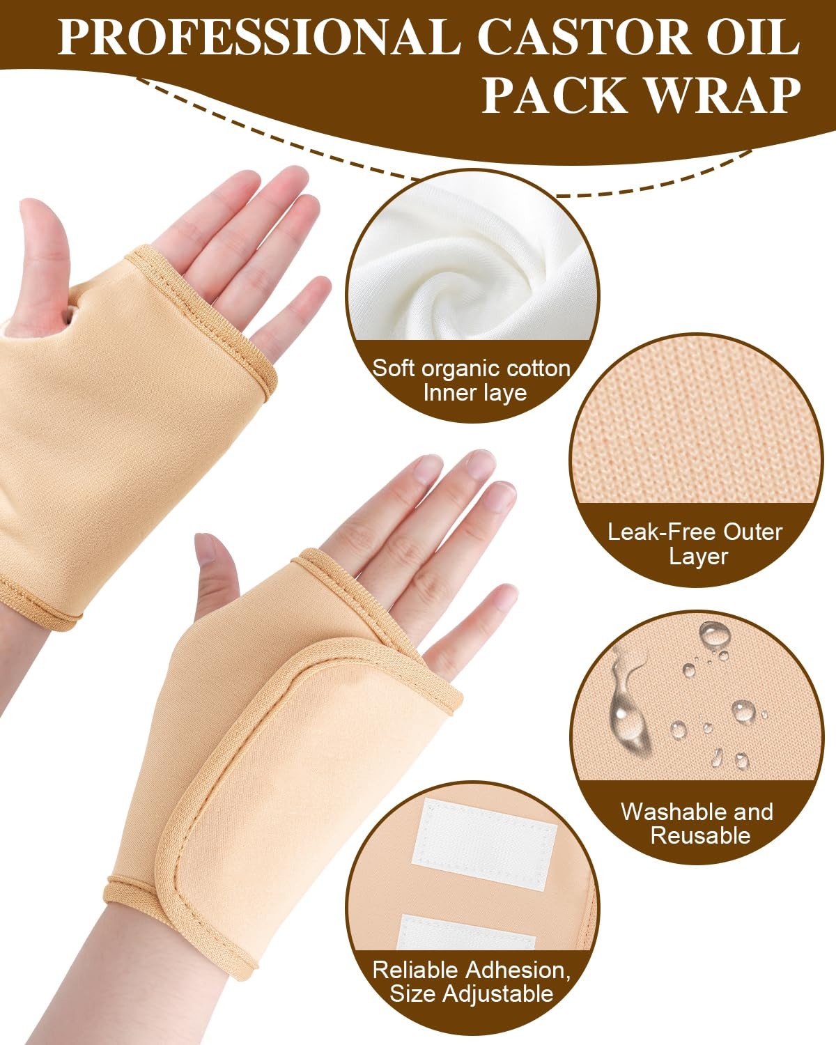 2 Pcs Castor Oil Pack Wrap for Hands, Reusable Organic Cotton Hand Castor Oil Pa