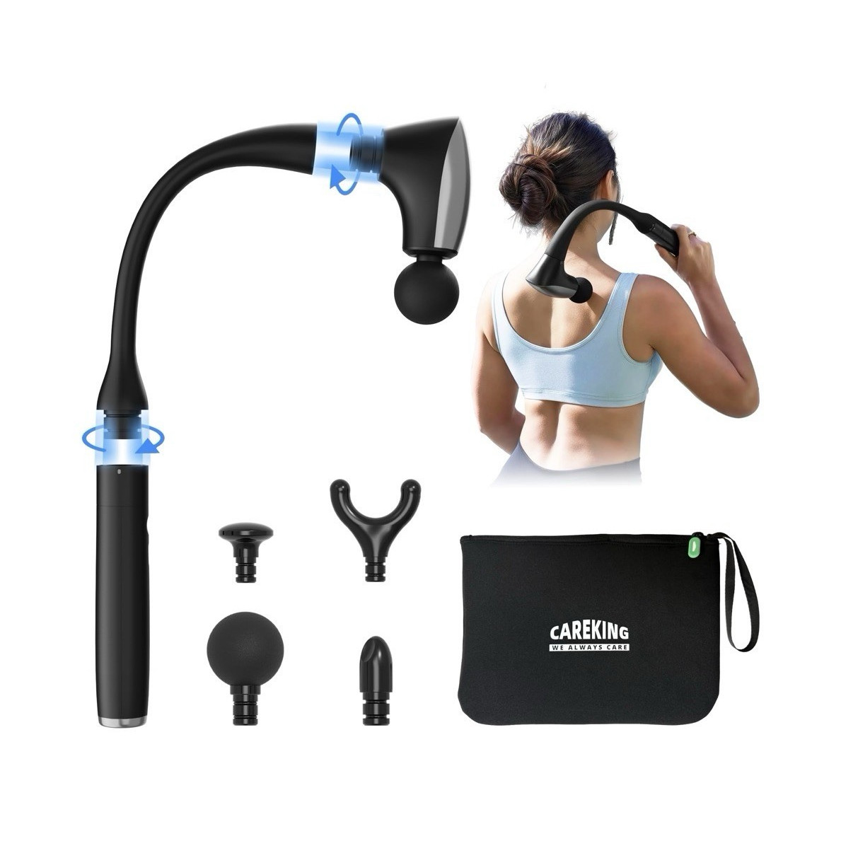 Careking CG-100 Percussion Massage Gun, Rechargeable, 4 Heads, Black