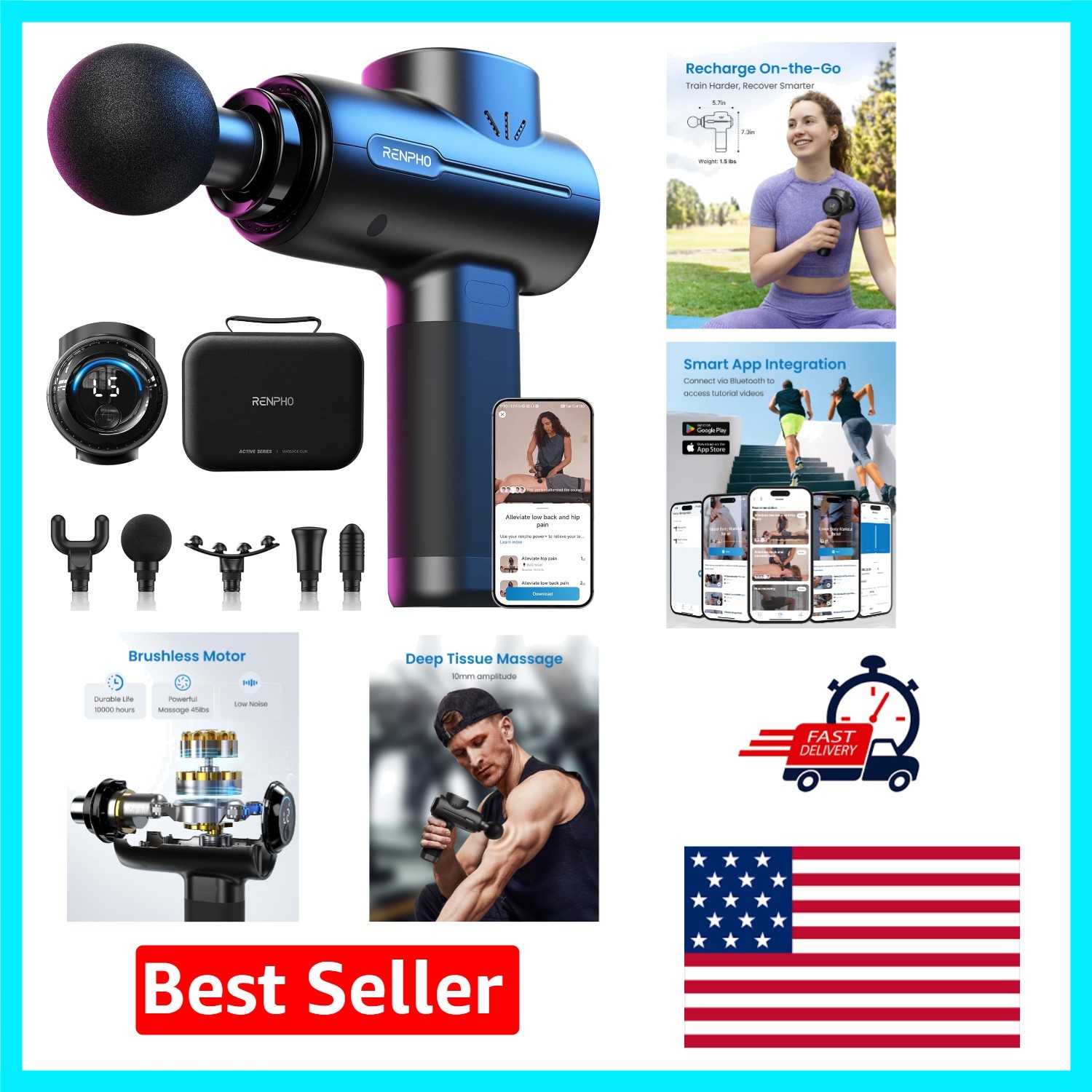 Active+ Percussion Massage Gun – Cordless Therapy for Muscle Recovery, 5 Speeds