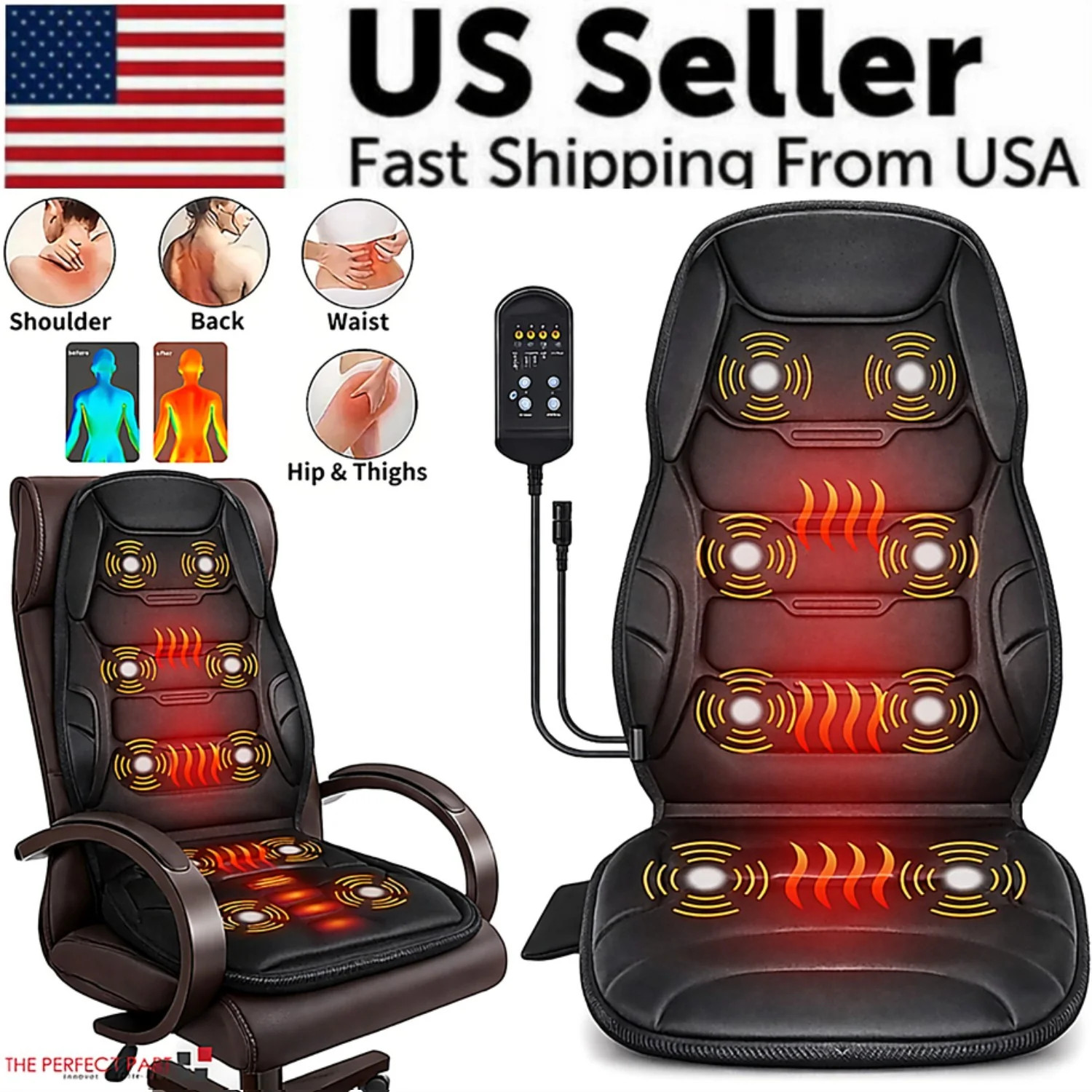 Heated Massage Seat Cushion Back Neck Body Massager Chair Pad Home Office