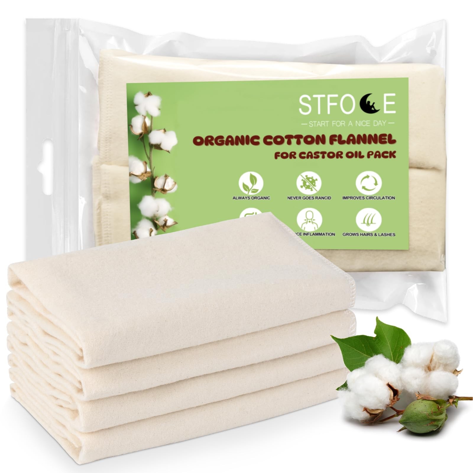 4pcs Organic Cotton Flannel for Castor Oil Pack, Natural & Unbleached, Soothi…