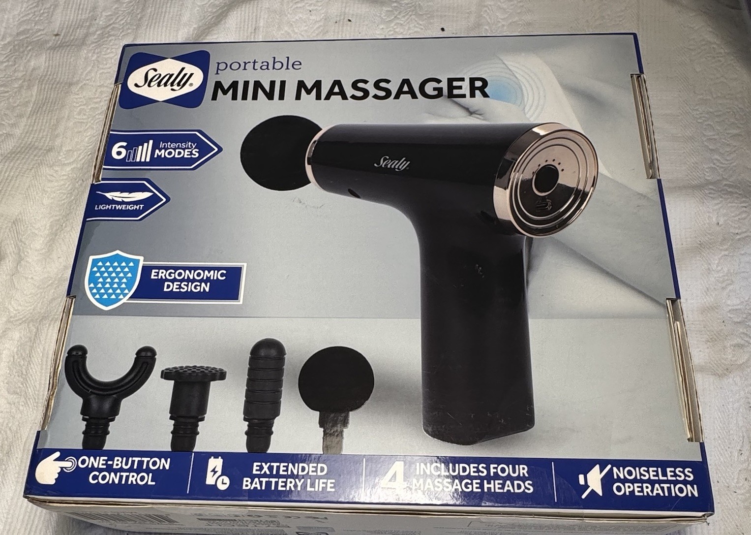 Sealy Handheld Deep Tissue Mini Massage Gun W/Four Heads and Six Speeds