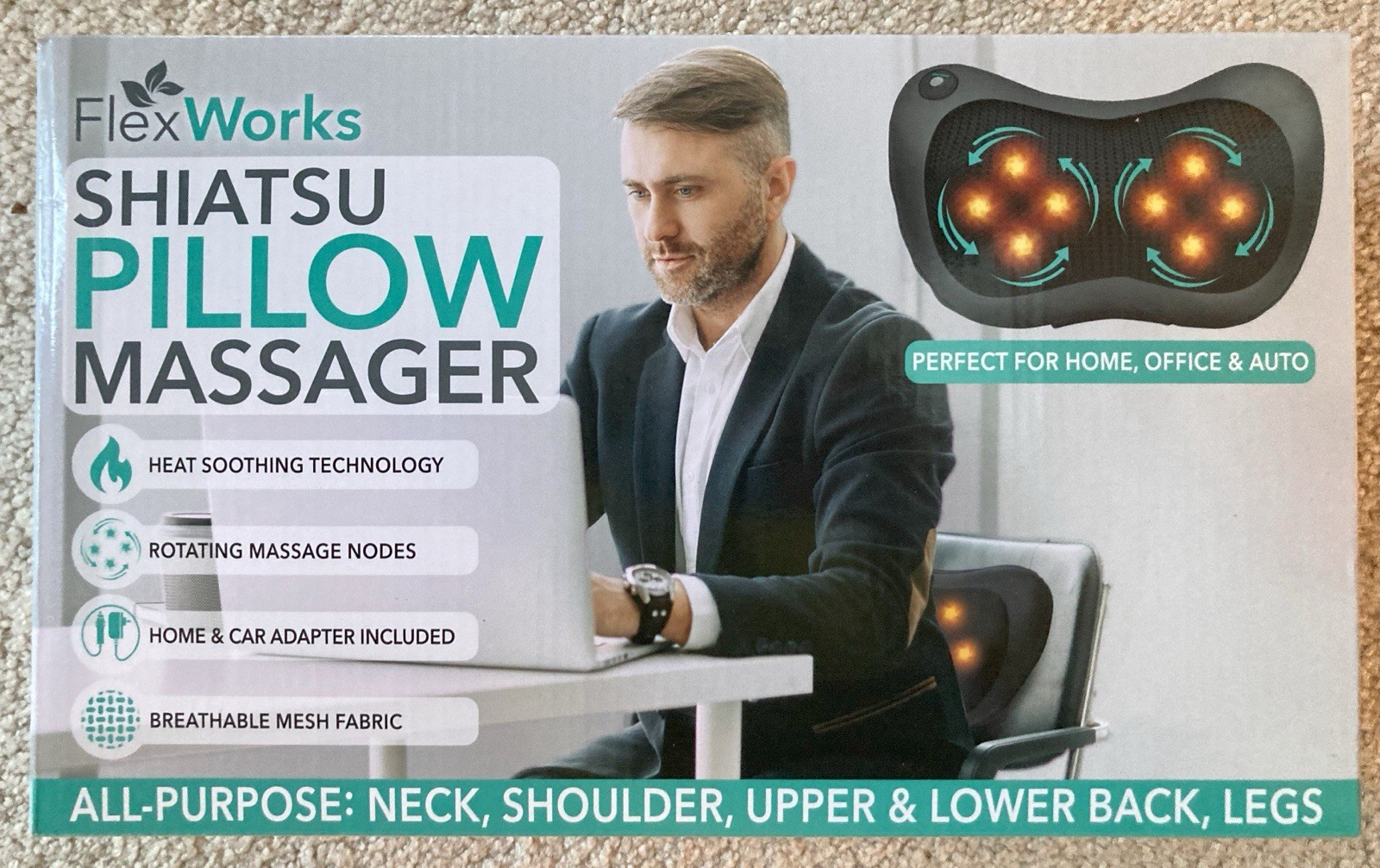 Shiatsu Shoulder Neck and Back Massager Pillow Cushion with Heat Flex works NEW