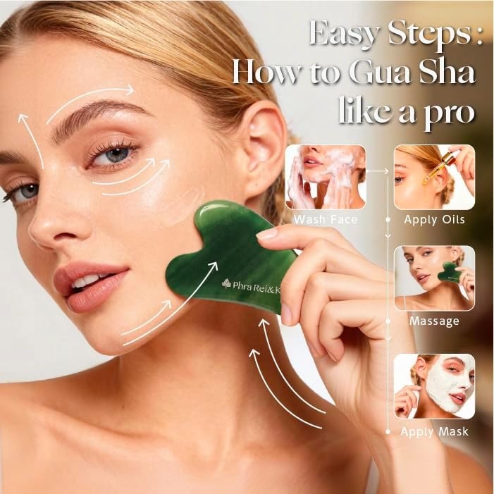 Phra Rei&Ki] Gua Sha Facial Tools, Customed Natural Jade Stone, Silver