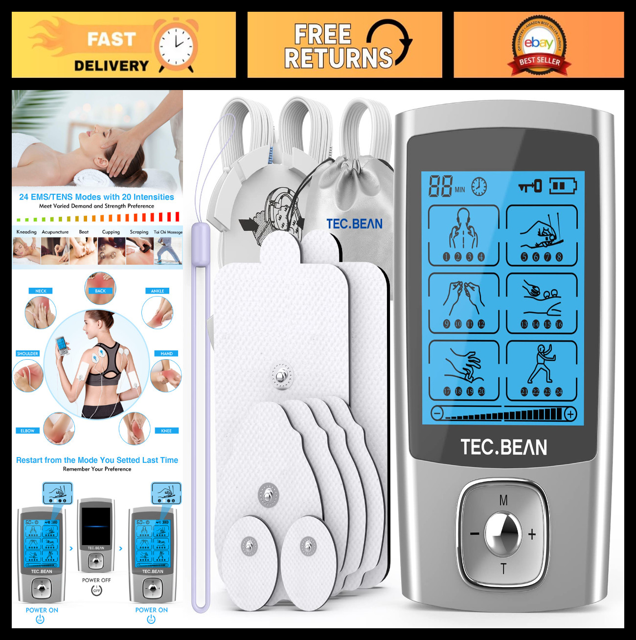 24 Modes Rechargeable TENS Unit Muscle Stimulator with 8 Electrode Pads – Pain R