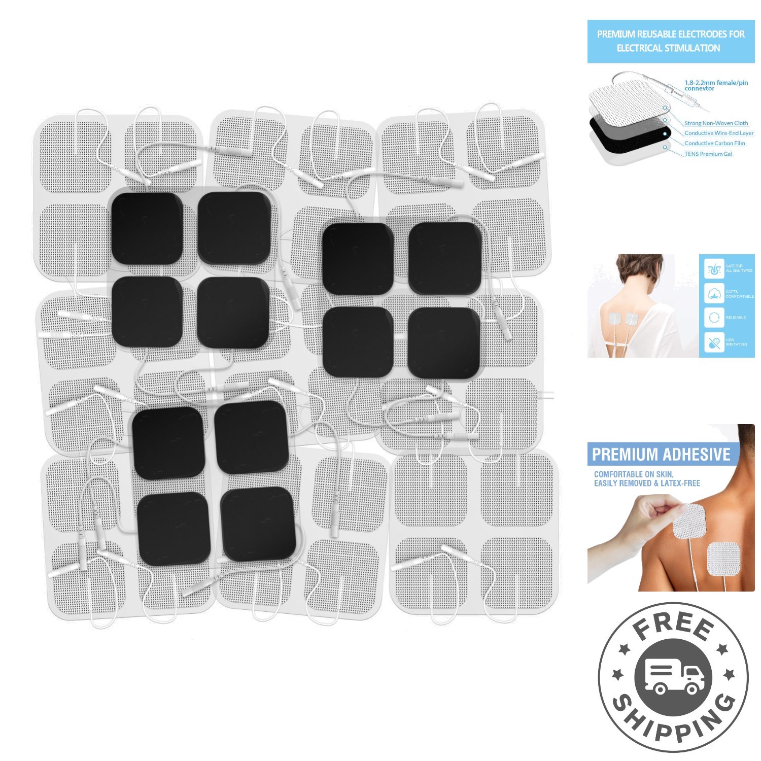 Reusable 2×2 TENS Unit Pads – 48 Latex-Free Self-Adhesive Electrotherapy Patches