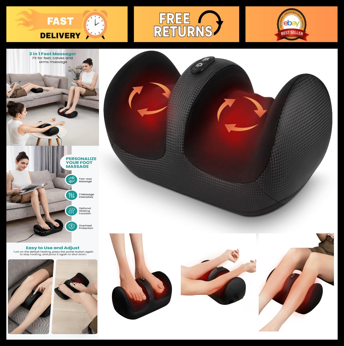 Shiatsu Foot Massager with Heat & Rollers, Calf Leg Relief for Neuropathy Pain,
