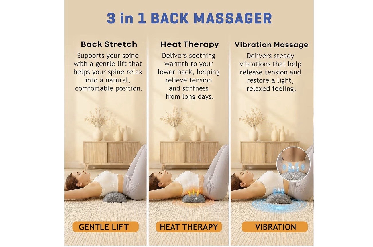 My Pera 3-in-1 Back Massager Pillow Heat Vibration Lift Stretch Traction Gray
