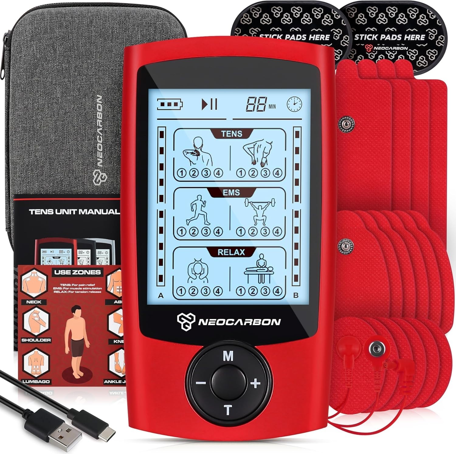 TENS EMS Muscle Stimulator – Electronic Pulse Massager Unit, Red